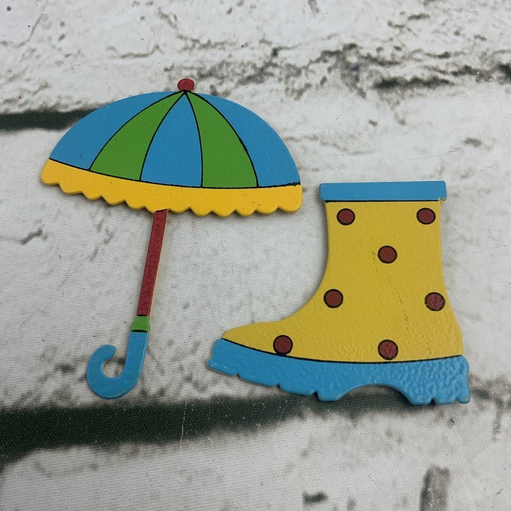Metal Refrigerator Magnet Lot Rain Boot & Umbrella Yellow Blue Green